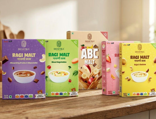 Dhartika Ragi Malt product available in ABC, Dry Fruits, Chocolate and Mixed Fruits and Kaju and Badam flavours