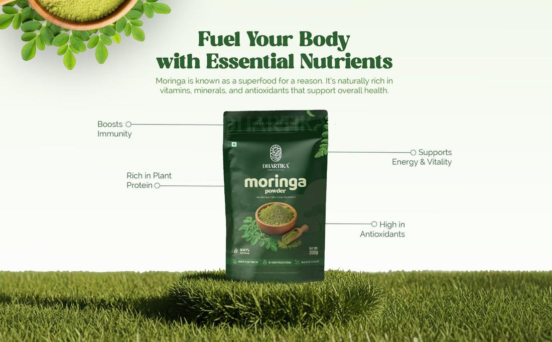 Dhartika Moringa powder surrounded by fresh moringa leaves