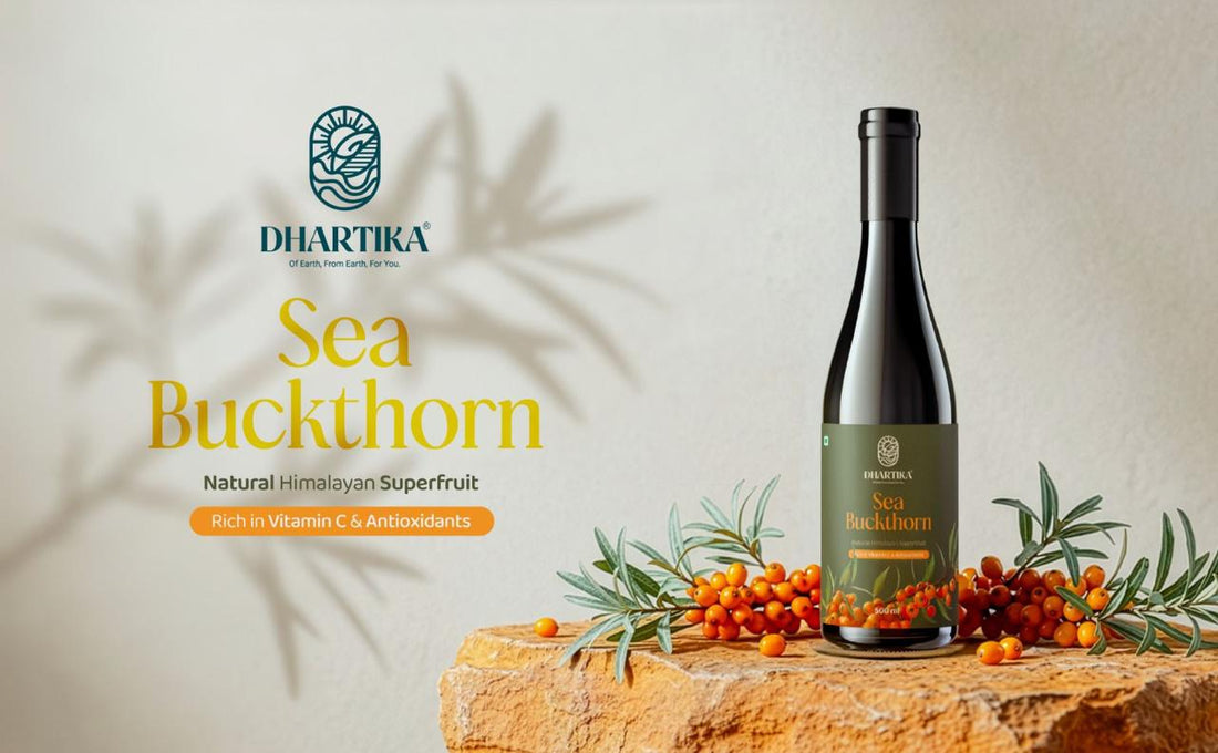 Rustic wooden surface alongside Dhartika sea buckthorn juice bottle