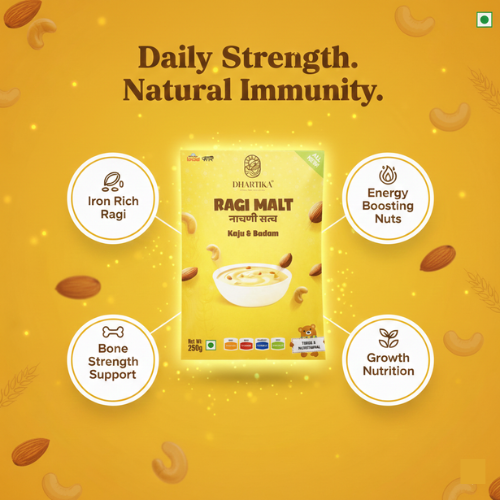 Dhartika Ragi Malt Combo Pack (Nachni Satva) – Mixed Fruits & Kaju Badam | High Calcium & Protein Rich Health Mix | Nutritious Ragi Food for Kids & Adults | 250g Each (Pack of 2)