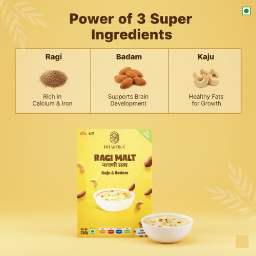 Dhartika Ragi Malt Combo Pack (Nachni Satva) – Mixed Fruits & Kaju Badam | High Calcium & Protein Rich Health Mix | Nutritious Ragi Food for Kids & Adults | 250g Each (Pack of 2)