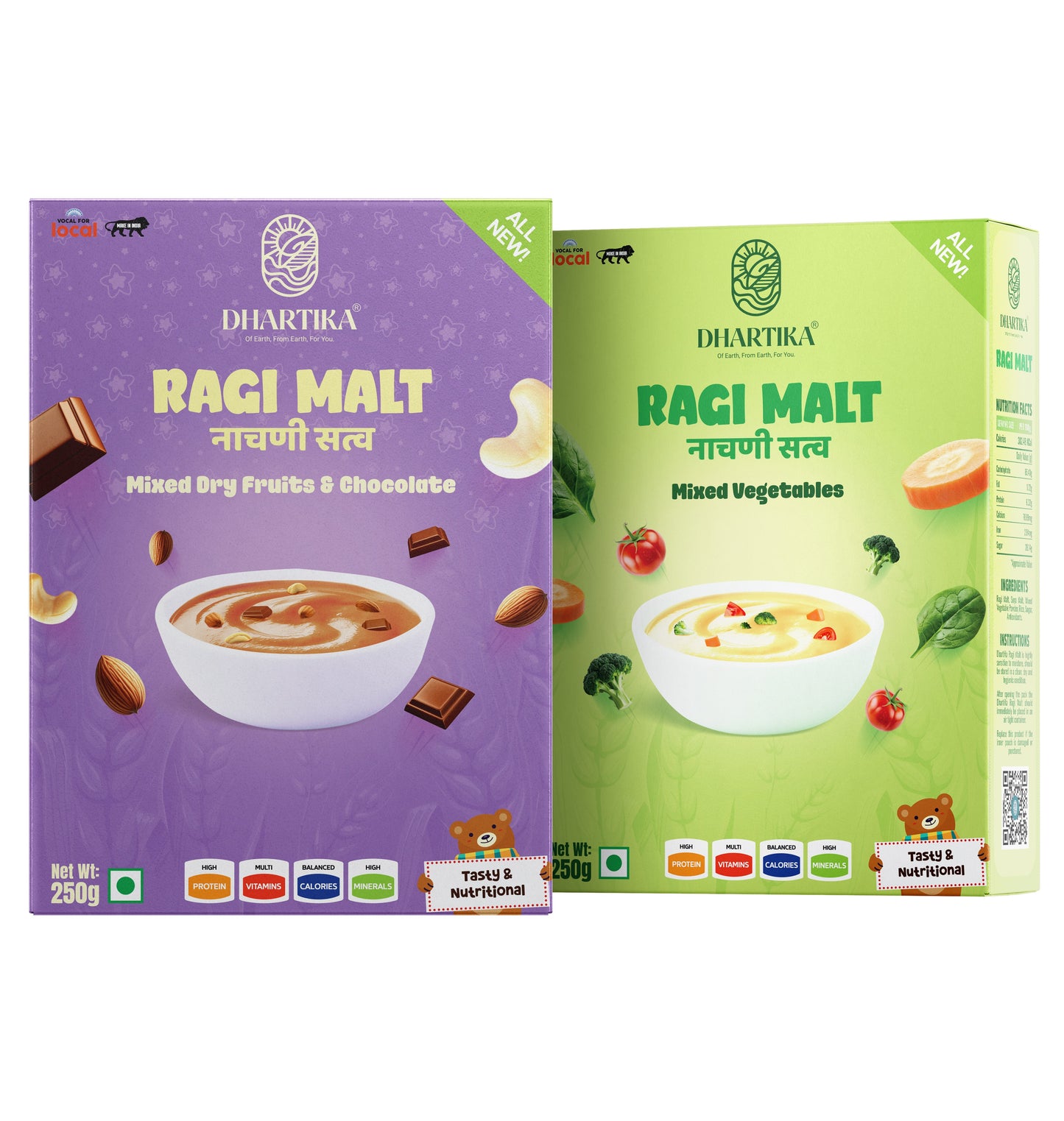 Dhartika Ragi Malt Combo Pack (Nachni Satva) – Mixed Dry Fruits & Chocolate + Mixed Vegetables | High Calcium & Protein Rich Health Mix |  250g Each (Pack of 2)