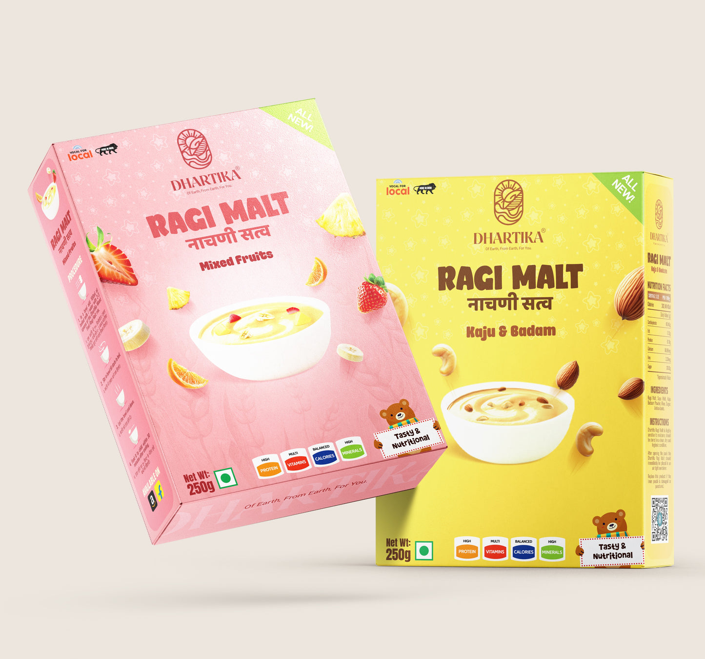 Dhartika Ragi Malt Combo Pack (Nachni Satva) – Mixed Fruits & Kaju Badam | High Calcium & Protein Rich Health Mix | Nutritious Ragi Food for Kids & Adults | 250g Each (Pack of 2)
